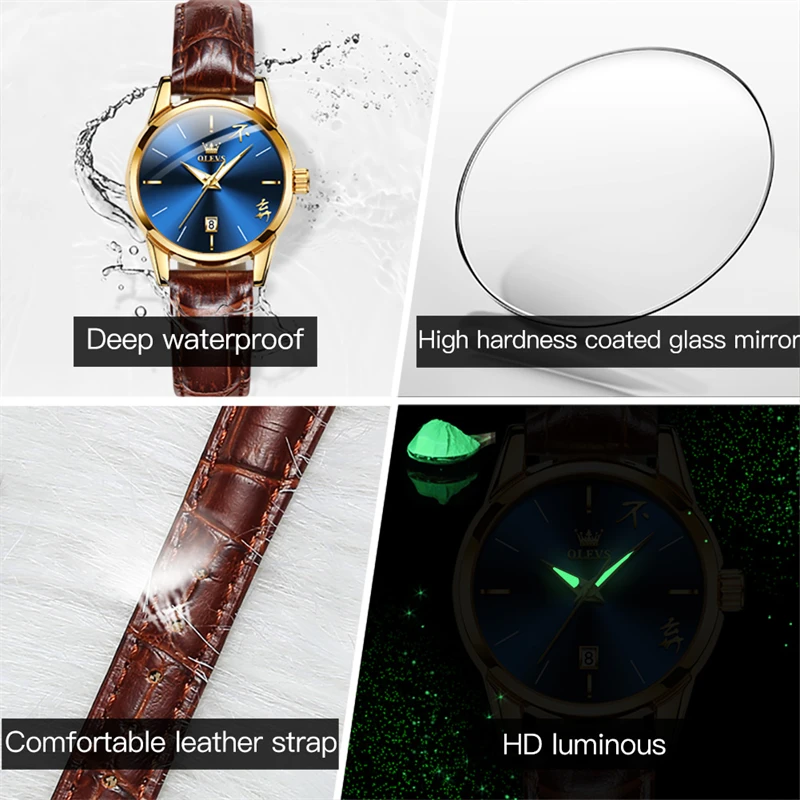 OLEVS Brand New Fashion Blue Quartz Watch for Men Luxury Leather Strap Waterproof Calendar Womens Watches Relogio Feminino