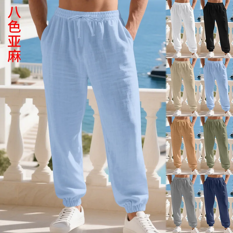 Mens Linen Casual Wide Leg Pants High Elastic Waist Solid Color