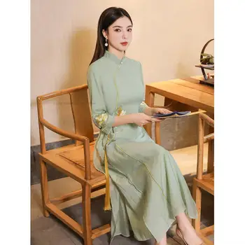 Stile cinese Cheongsam Young Lady modificato temperamento quotidiano ricamo abito lungo Vintage Vietnam donna Ao Dai Qipao Dress 1