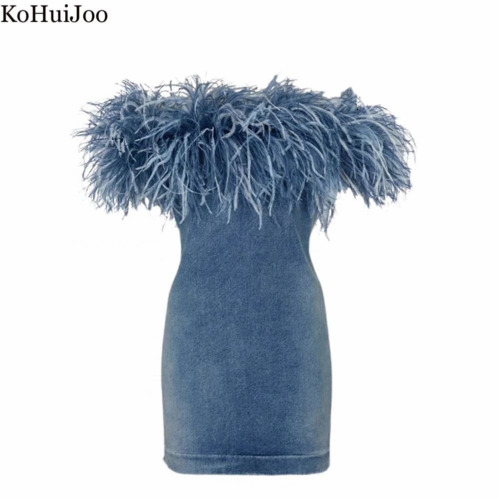 Ella Off Shoulder Ostrich Feather Trim Denim Mini Dress M / Denim