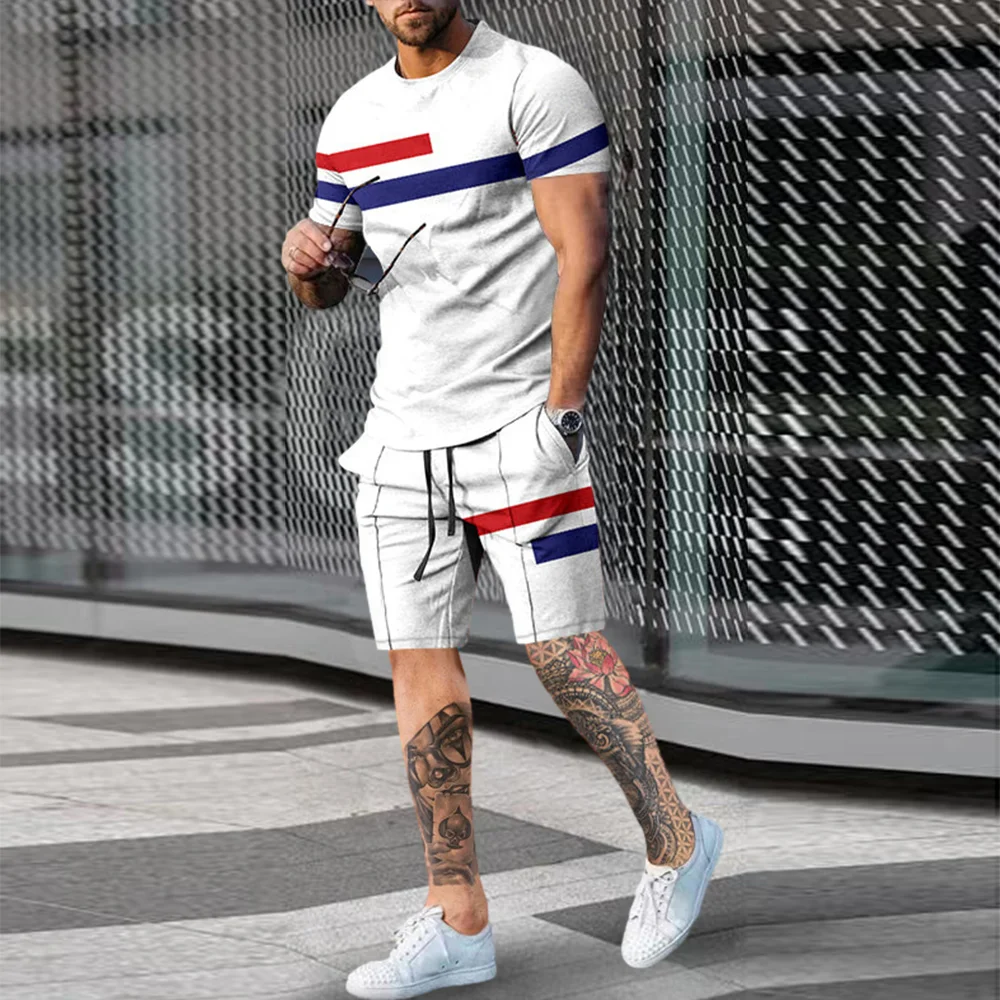 

2023 Summer Men's New 3D Printing Minimalist Stripe Print Retro Fashion Street T-shirt+Shorts Two Piece Asian Size XXS-6XL