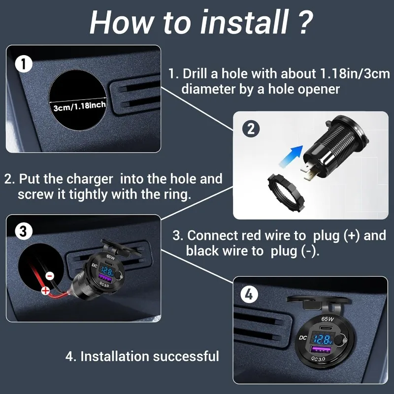 업그레이드 된 12-24V USB 콘센트 83W 차량용 충전기 노트북 소켓 65W PD & QC3.0 오토바이 소켓 전원 콘센트 방수 충전 어댑터