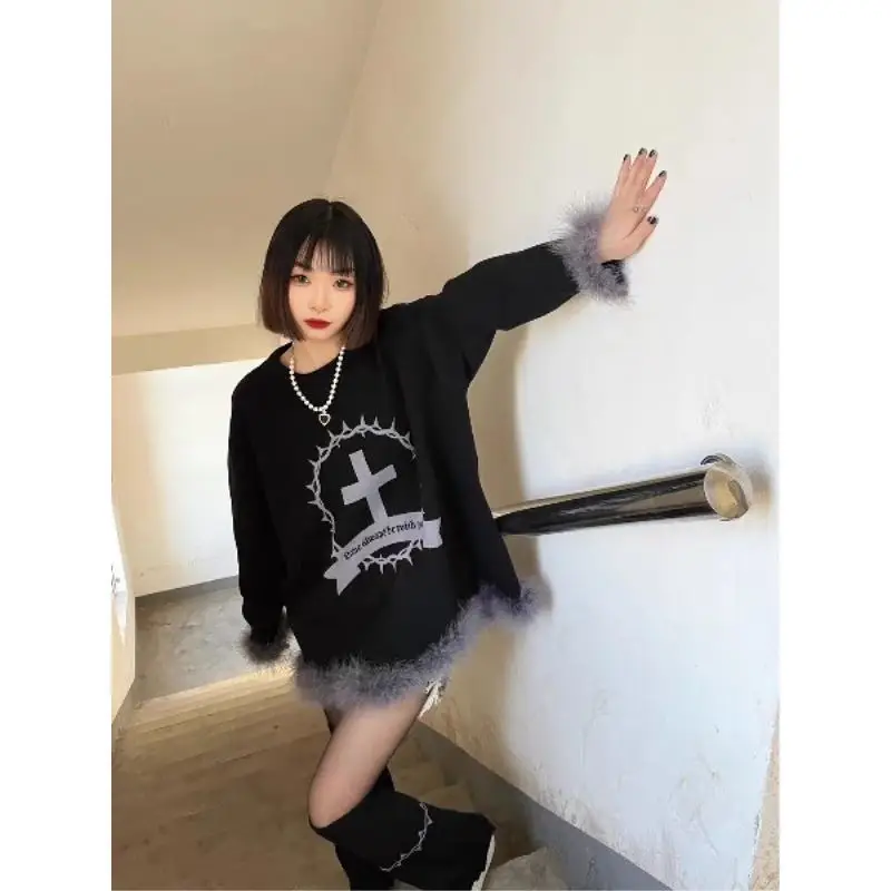 

HOUZHOU Gothic Vintage Streetwear Hoodie Women Japanese Fashion Punk Kpop Cross Print Loose Sweatshirt Fashion Clothing 2023 Y2k