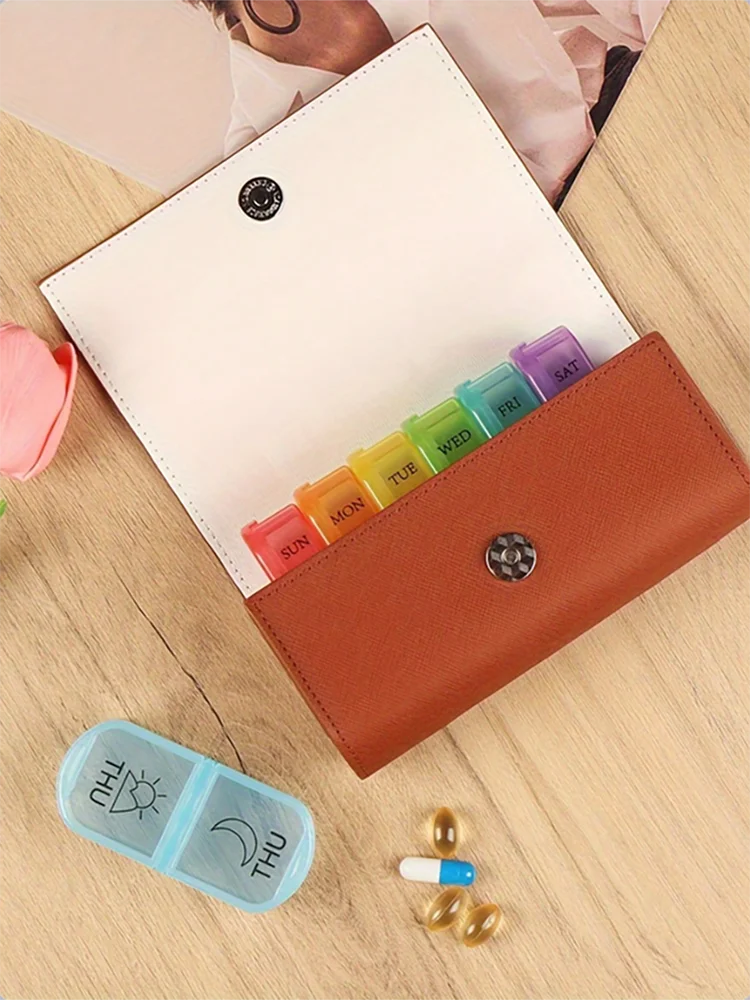 Weekly Pill Organizer Box Case Travel Medication Reminder Daily AM PM, Day Night 7 Compartments in Leather Carrying Case