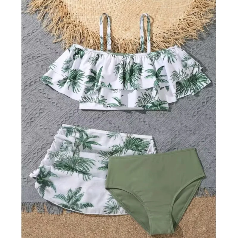 

Girls 3pack Coconut Palm Tree Print Bikini Sets with Skirts Ruffle Kids Swimsuit 7-12 Years Children's Swimwear Bathing Suit