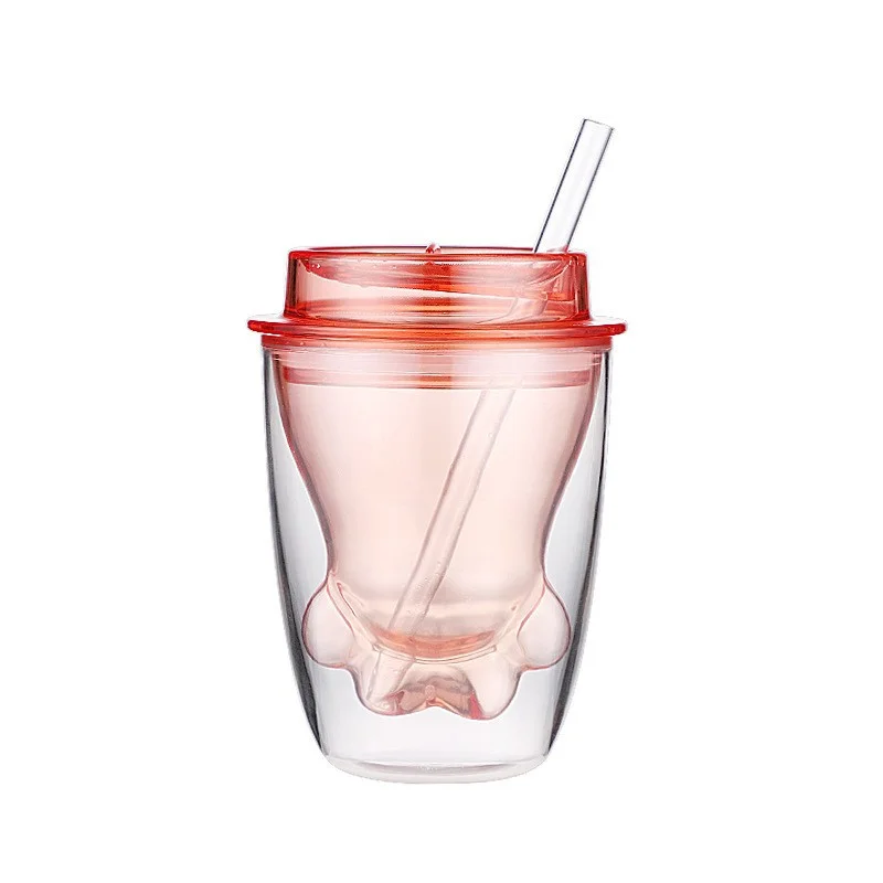

Double Layer Heat-resistant Plastic Cup Cat Claw Cup Cartoon Creative Coffee Cup Juice Milk Cup Household Straw