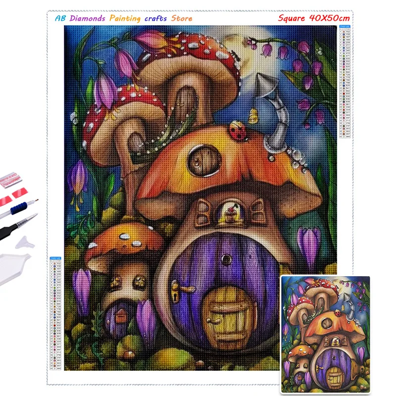 5D Diy Mushroom House Diamont Embroidery AB Drill Diamond Painting Flowers Cross Stitch Square/Round Cartoon Mosaic Home Decor 