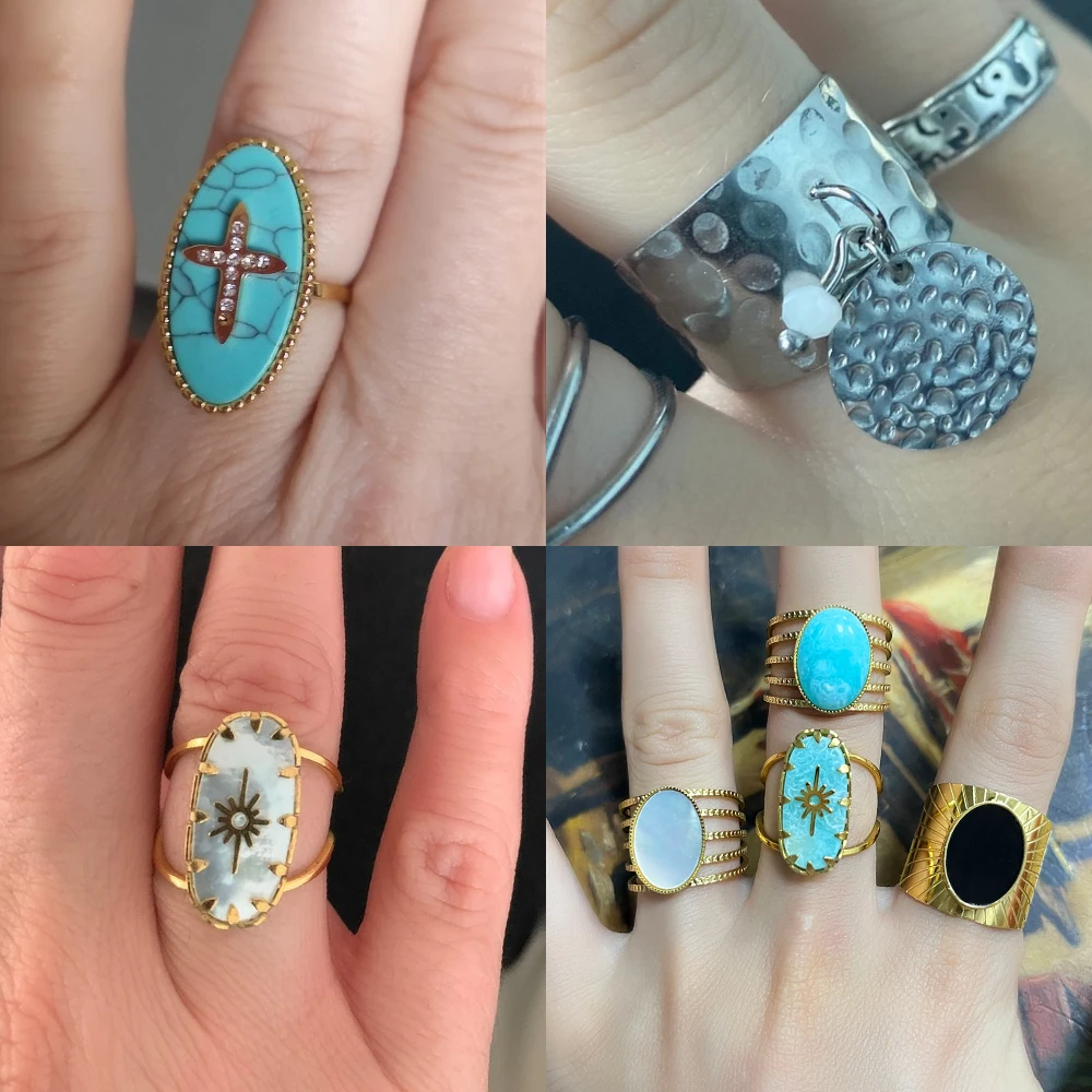 316 l nerez ocel prsten geometrie zlato barva široký běžící pás otevřený kroužky pro ženy pestrý kámen prsten ženské šperků dar velkoobchod