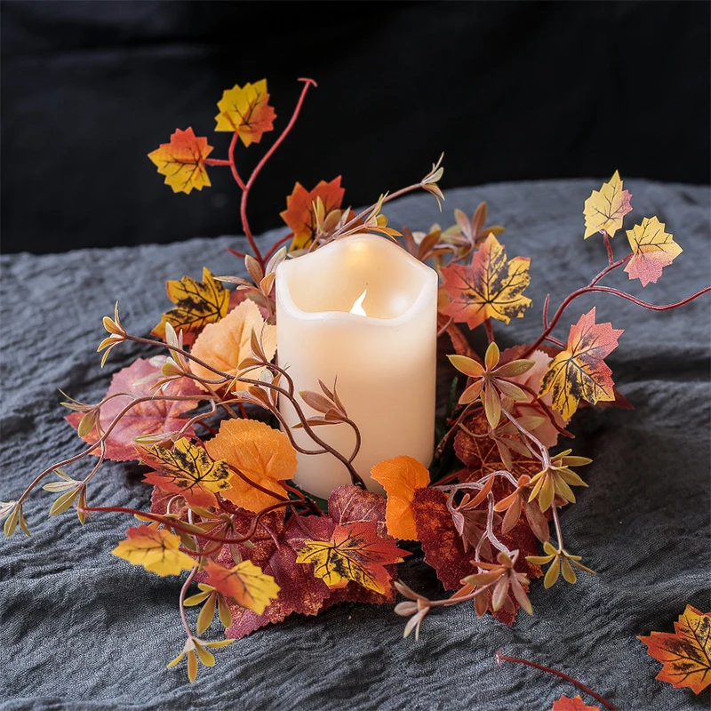 

25cm Fall Maple Leaf Candlestick Wreath Thanksgiving Wedding Party Table Centerpiece Decoration Candle Holder Garland Ring