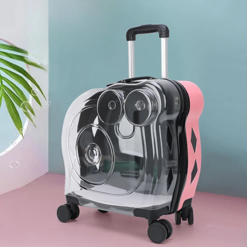Convenient Travel Pet Suitcase Fashion Transparent Cat Carriers Pull Rod/Dual Shoulder Cat Cage Large Capacity Transport Box