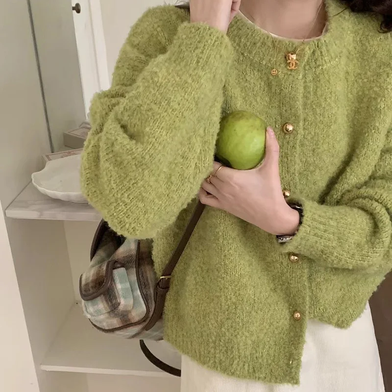 

Hsa Gentle and soft waxy circle yarn simple single-breasted round neck knitted cardigan niche temperament loose sweater jacket