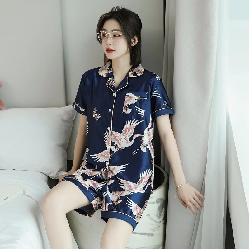 Αγορά Γυναικεία ρούχα ύπνου  Fashion Floral Print Short Sleeve Top and  Shorts Set Pyjamas Suit Women Satin Silk Pajama Sets Sleepwear Womens  Homewear M-5XL