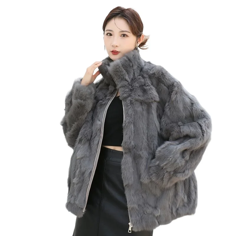 2024 Winter New Rabbit Fur Coat Women's Fur One Piece stand collar Rabbit Fur Fashion Thickened  Coat