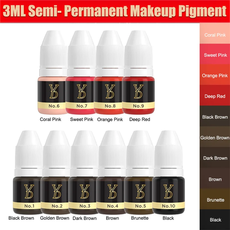 3ML Semi Permanent Makeup Tattoo Lips Eyebrows Eyeliners Pigments 10 Colors Sample Inks Tattoo Women Beauty Supplies