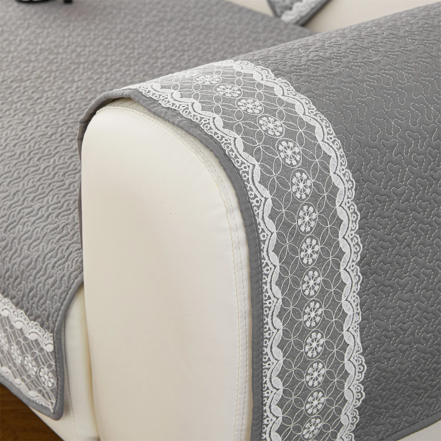 1pc Simple Quilted Sofa Cover with Lace Decor Couch Cushion Cover for Living Room Sofa Towel, Four Season Anti-Slip Slipcover 4