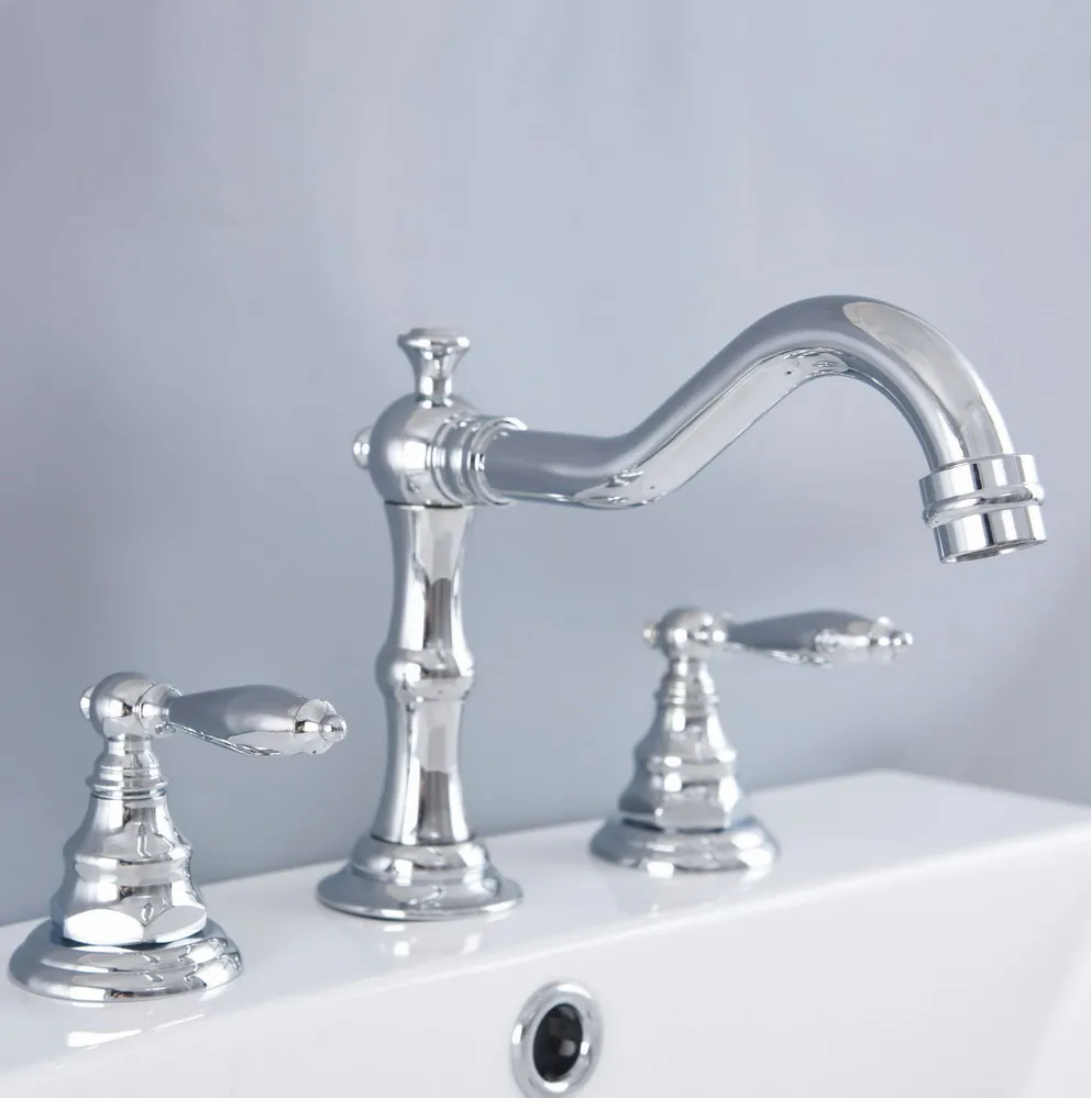

Polished Chrome Brass Deck Mounted Dual Handles Widespread Bathroom 3 Holes Basin Faucet Mixer Water Taps mnf975