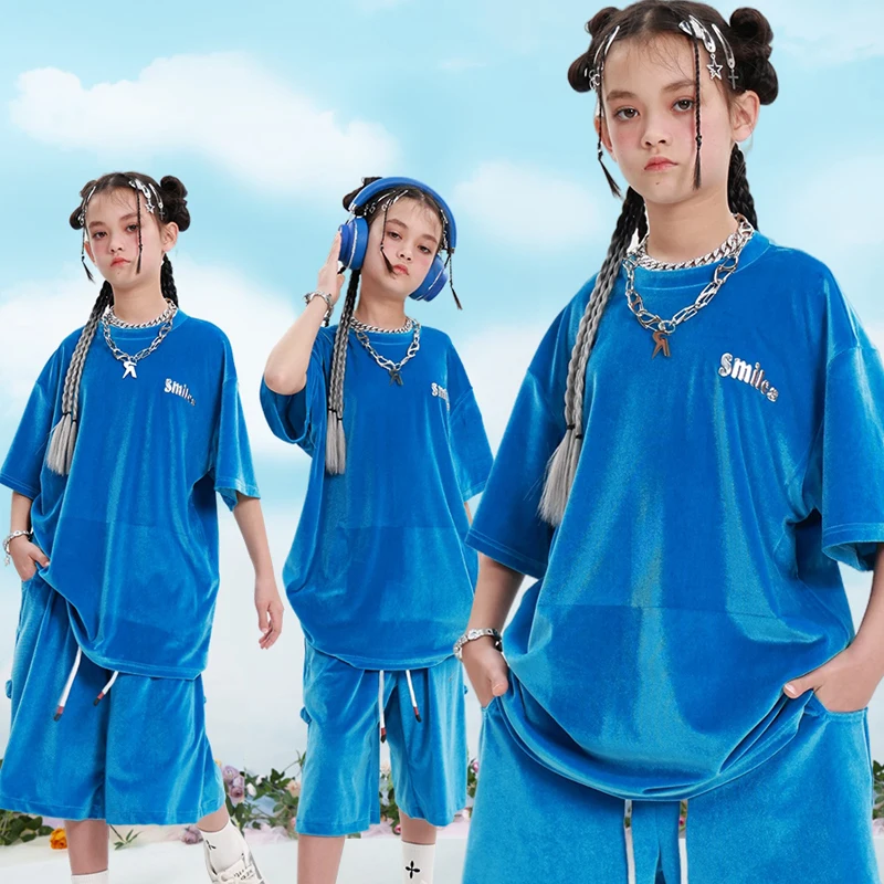 

Kids Hip Hop Clothing Street Wear Summer Blue T-Shirt Jogger Shorts For Girls Jazz Dance Costume Kpop Stage Outfits XS7975