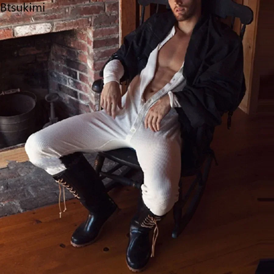 New Pajamas Jumpsuits Men Home Wear Solid Long-sleeved Comfortable Rompers Tight-fitting Casual Pajamas Sexy Male men jumpsuits