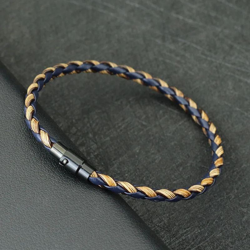 Men Leather Double Safety Magnet Buckle Braided Bracelet