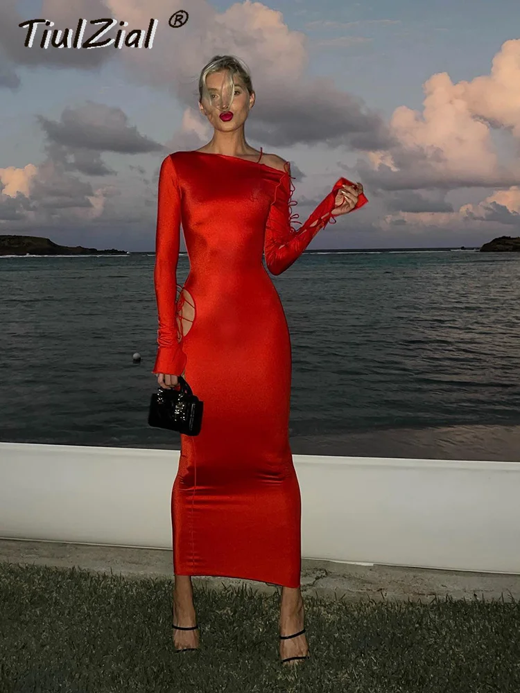 TiulZial-vestido rojo ajustado manga larga para mujer, ropa de dormir Sexy vendaje elástico, para Club, 2023 _ - AliExpress Mobile