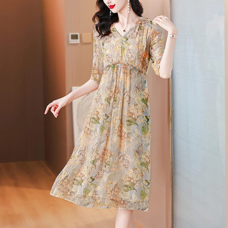 

2024 Spring Summer Floral Silk Beach Midi Sundress Women Boho Fashion Casual Light Dress Korean Elegant Festival Vestidos