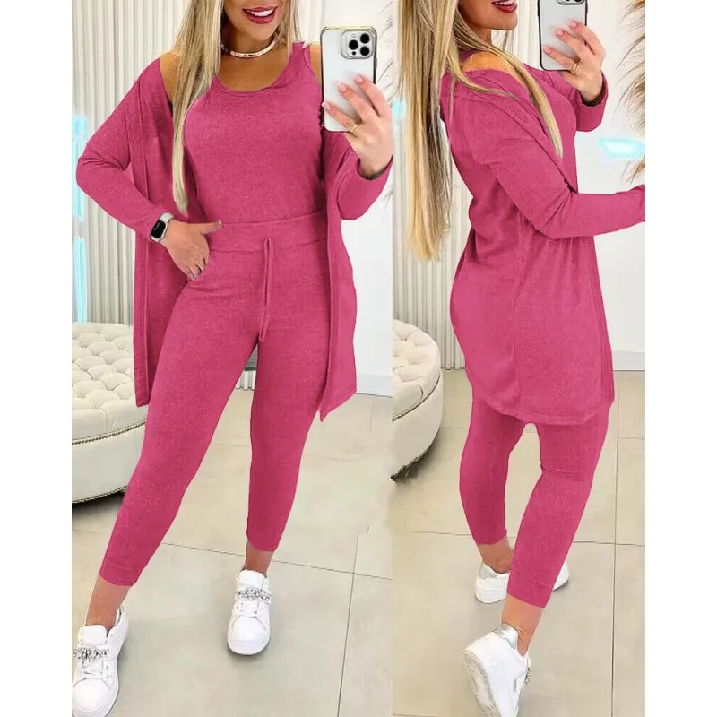 

2023 Autumn Winter New Women's Clothing Round Neck Solid Color Sleeveless Top Mid-Length Coat 3 Piece Casual Suit