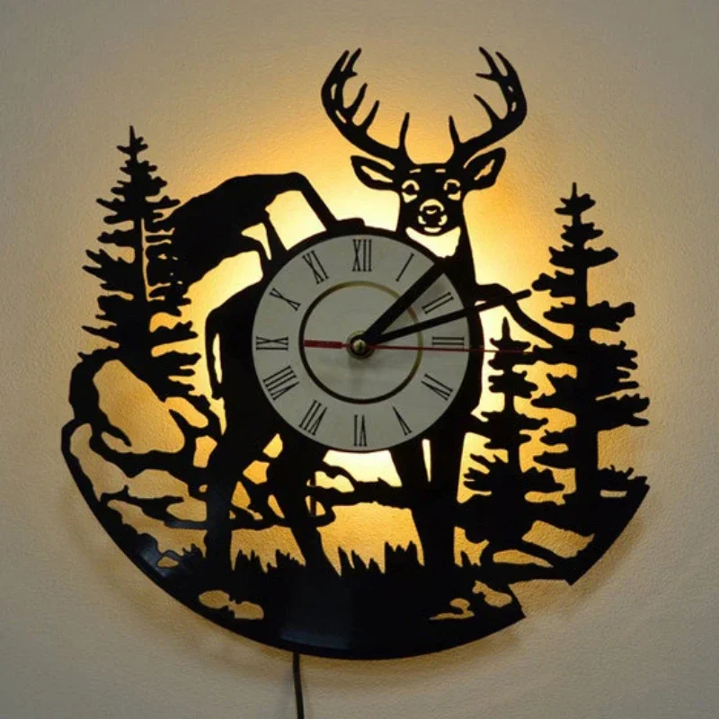 Forest Deer Vinyl Record Wall Clock LED Night Light Remote Control Art Creative Home Decoration Children's Gift