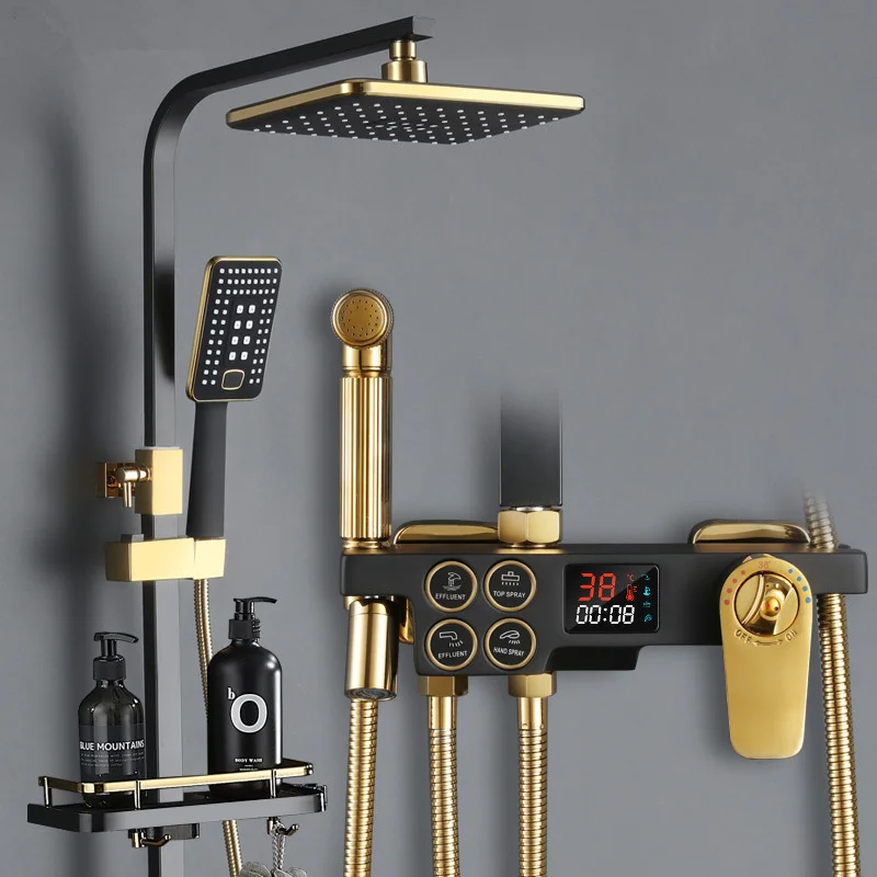 Smart Black Gold Shower Set Thermostatic Full Copper Bathroom Button Pressurized Head