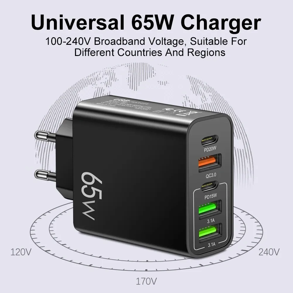 Multi Port USB Charger PD 65W Fast Charging Charger Power Adapter EU/US/UK Plug