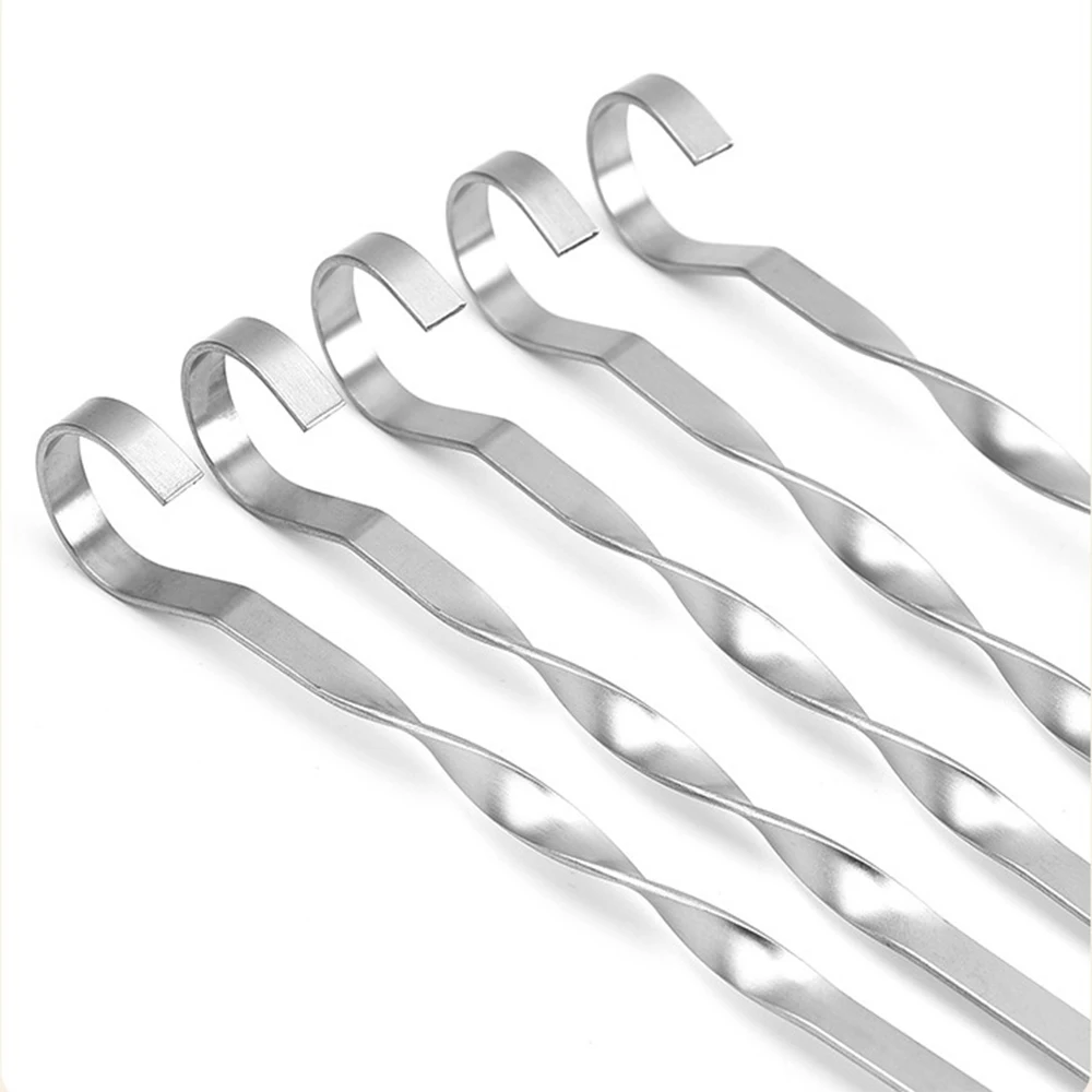 10pcs 38cm Stainless Steel Skewers Flat Meat BBQ Skewers Outdoor BBQ Barbecue Skewer Roasting Fork