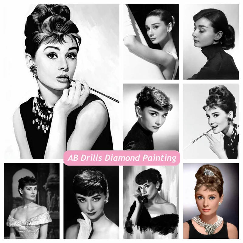 

Classic Audrey Hepburn Black And White Portrait Diamond Mosaic Painting AB Drills Famous Actor Star Cross Stitch Wall Decor