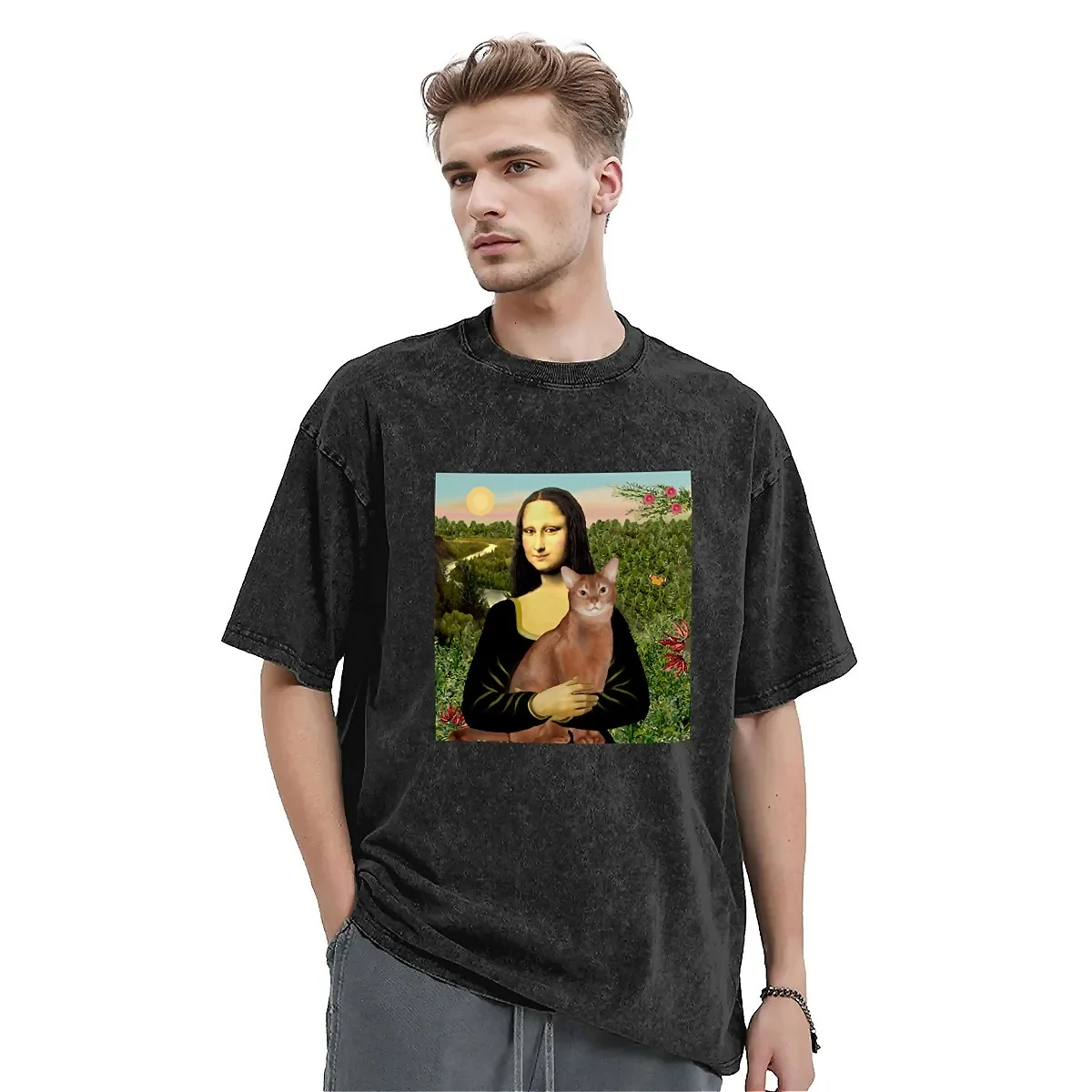 Mona Lisa And Her Abysisian Cat T Shirt Funny Mona Lisa Fashion Magliette Maglietta A Maniche Corte Beach Comode Magliette Oversize