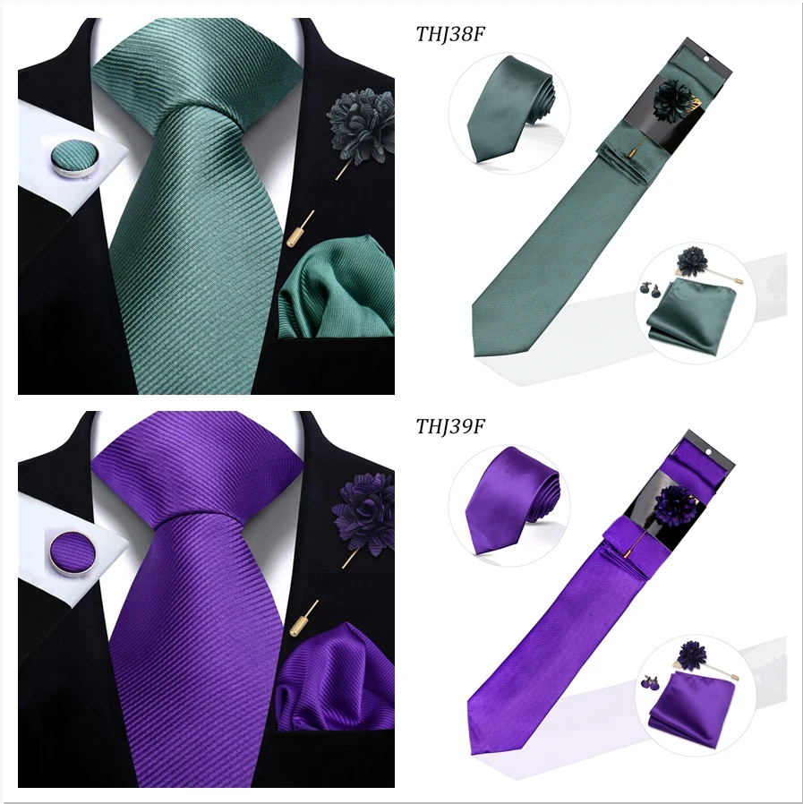 Einfarbiges Krawattenset für Herren, Hochzeitsgeschenk, Krawattenset mit Einstecktuch, Brosche, Manschettenknöpfe, Herren-Accessoires, hochwertige Krawatte – Detail 12