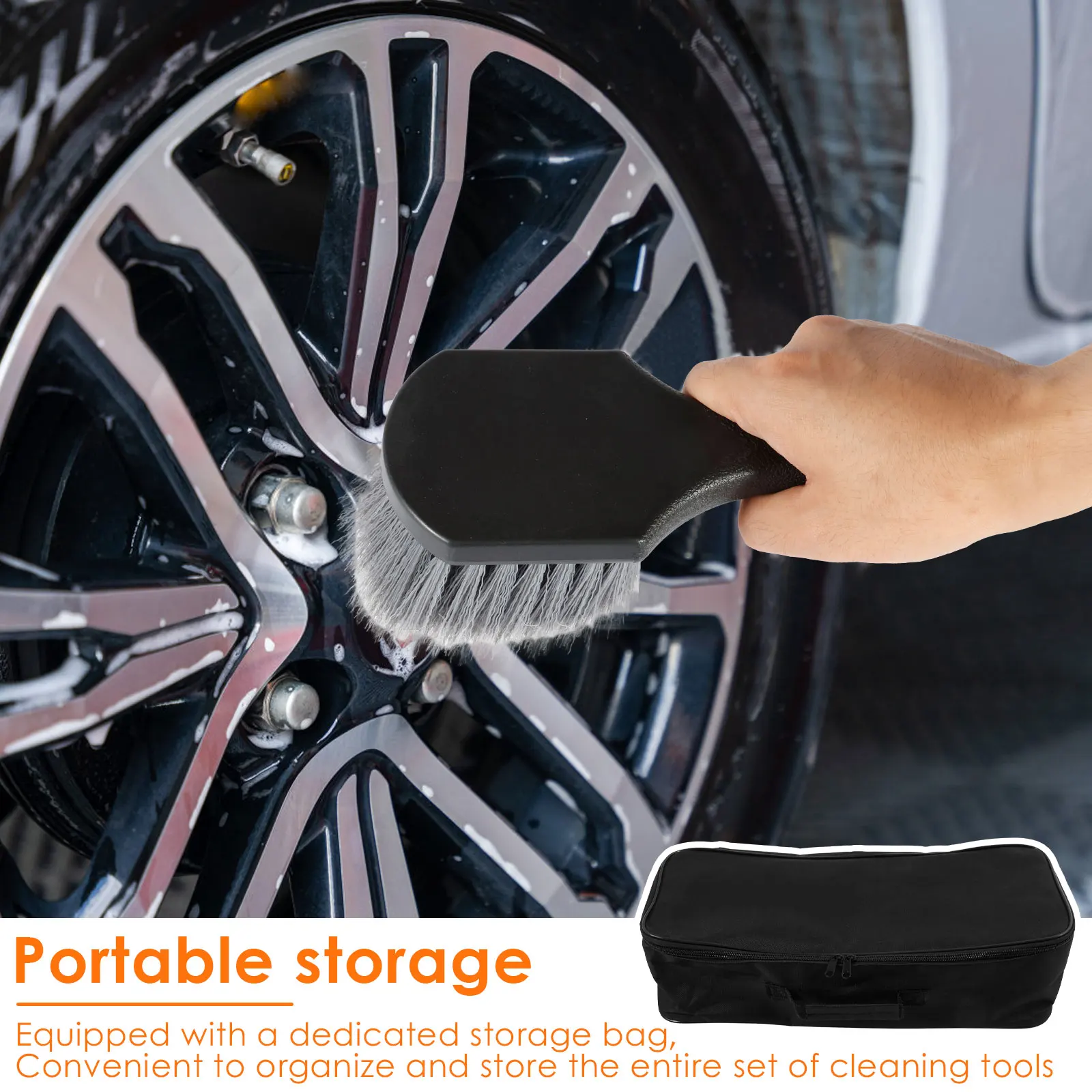 7Pcs Car Wheel Cleaning Kit Multiple Clean Tool with Storage Bag Soft Rim Brush Microfibre Flat Wheel Brush Sponge Detail Wiping