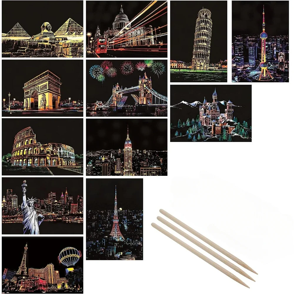 Children Night Scene Art Scratch Painting Toys City Building Landscape Educational Toys 4Pcs