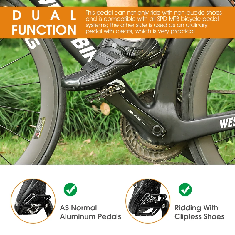 WEST BIKING Mountain Bike Pedals Dual Function Sided Pedals Plat & SPD Clipless Pedals Sealed Bearings, 9/16 Bicycle Pedal