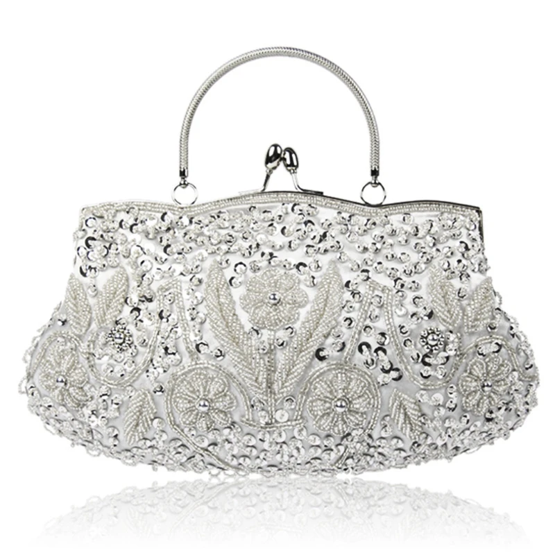 Women Vintage Beaded equin Flower Evening Large Clutch Bag with Handle Wedding Cocktail Party Handbag mall Tote