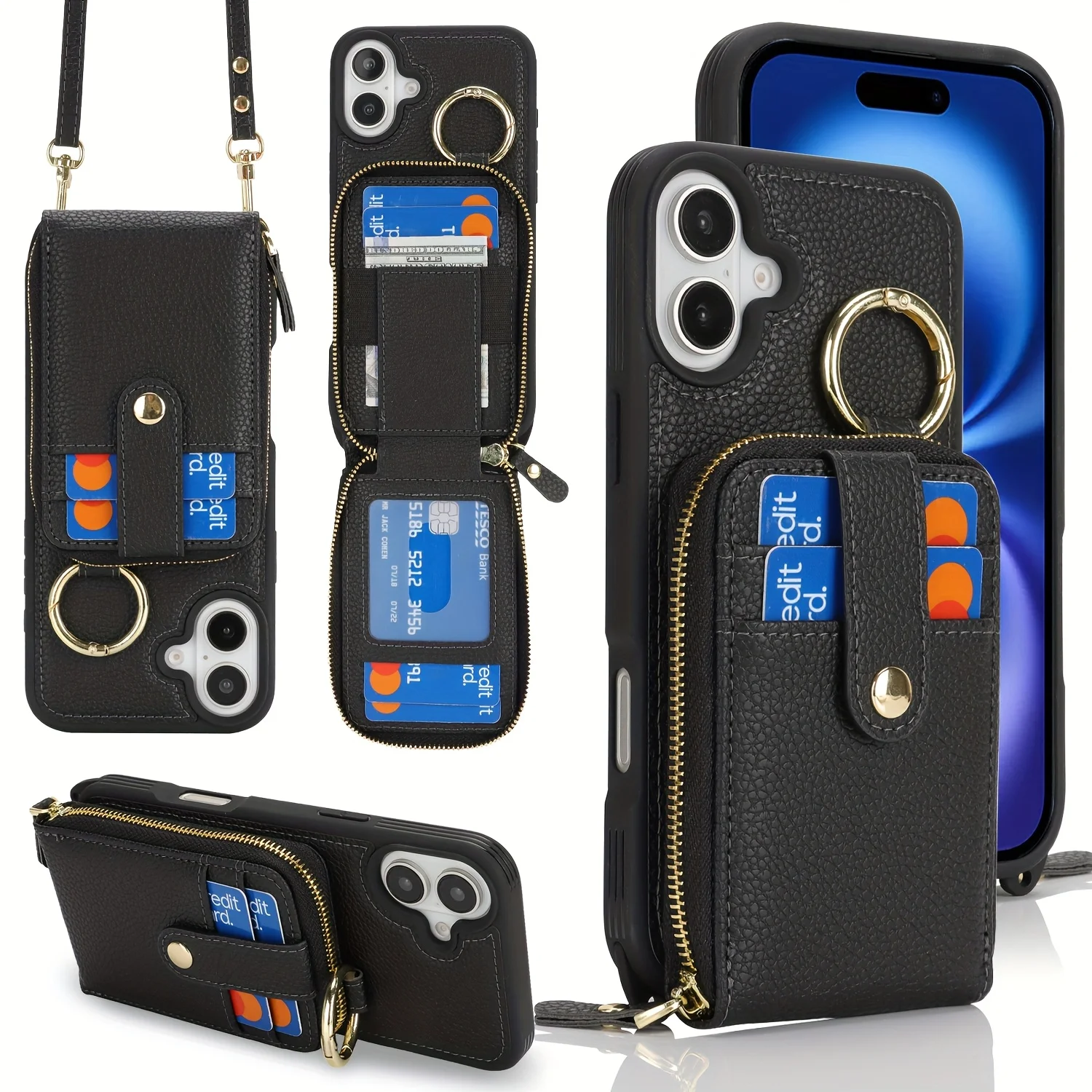 RFID Faux Leather Crossbody Zipper Wallet Phone Case with Large Card Slot Capacity