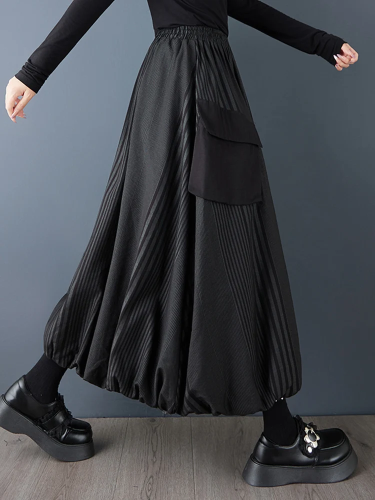 2025 Spring Autumn New Black Vintage Stripe High Waist Skirt Women Plus Size Fashion Pocket Loose Casual Midi Skirts Clothing