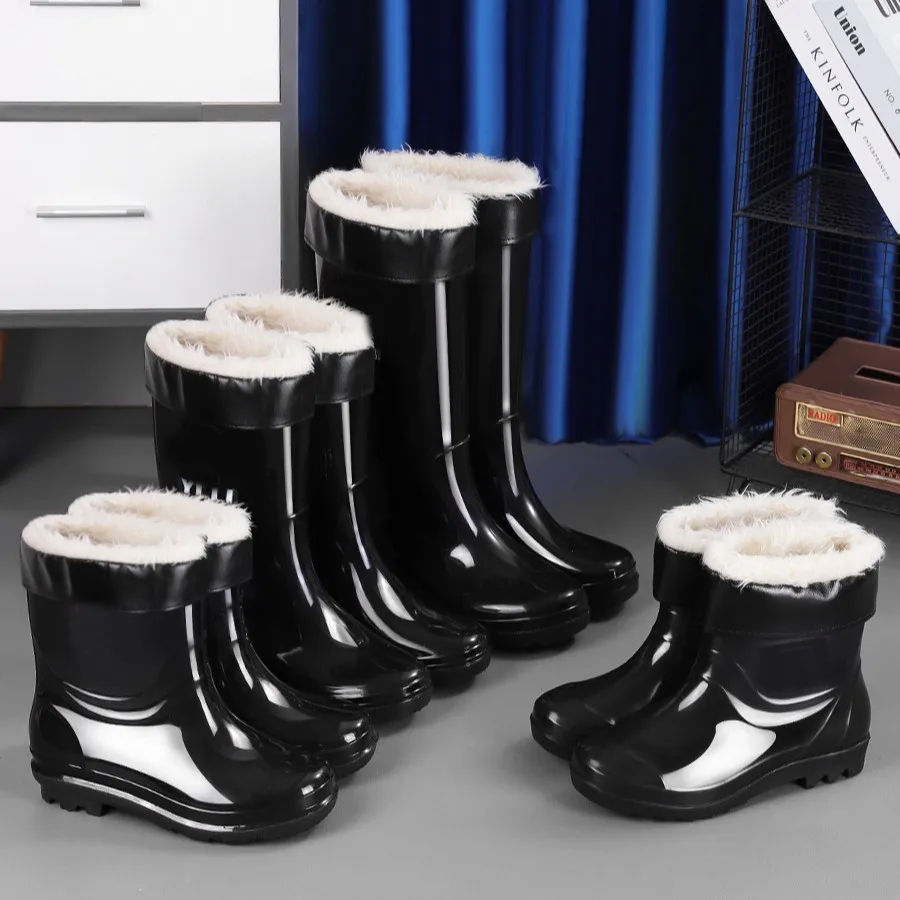 Bottes de pluie homme tube long doublées polaire pêche extérieur antidérapantes chaudes