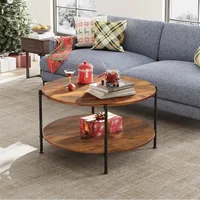 Round Coffee Table, 32.6" Small Coffee Table with Open Storage Shelf, 2-Tier Industrial Circle Wood Center Table 2