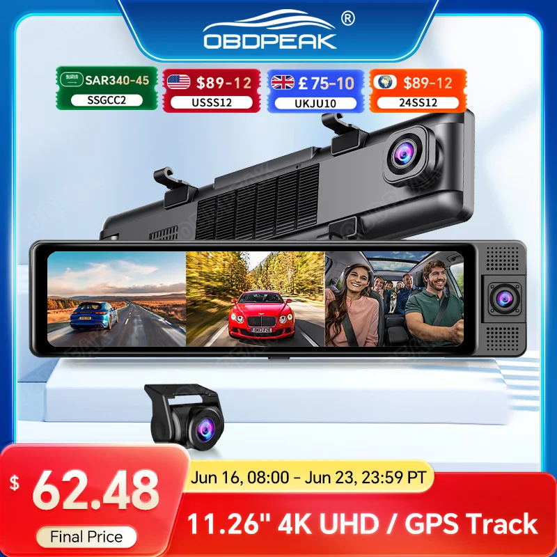 OBDPEAK 3 카메라 대시 캠, 4K 자동차 DVR, 전면, 내부, 후면, 1080P, GPS 추적, 야간 투시경 비디오 등록, 대시 캠 주차 모니터