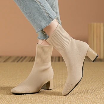 Black Square Toe Knit Sock Boots Elastic Slim Thick Block Heel High Heels Short Boots Fashion Autumn Casual Skinny Ankle Boots 5