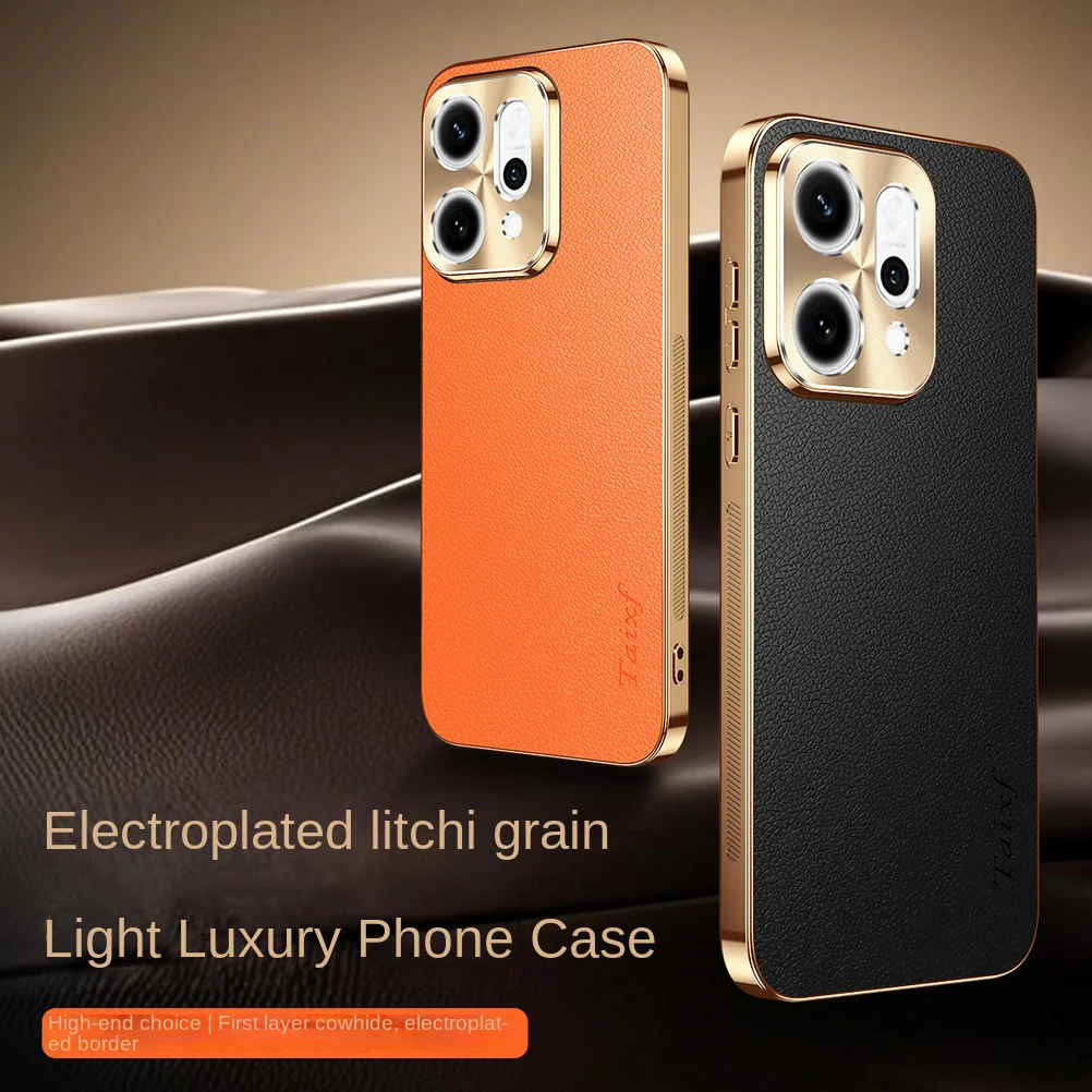 Cowhide Lychee Texture Electroplated Frame Case with Lens Protection