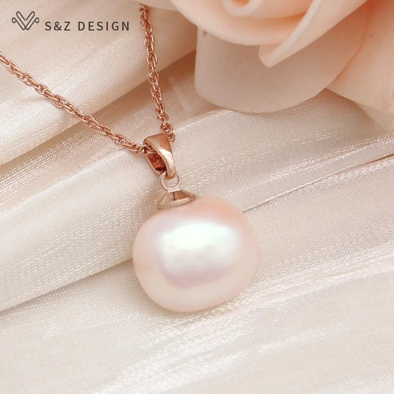S&Z DESIGN New Fashion Round Rectangle Simulated-pearl Bead Drop Earrings Jewelry Sets For Women 585 Rose Gold Color Necklace