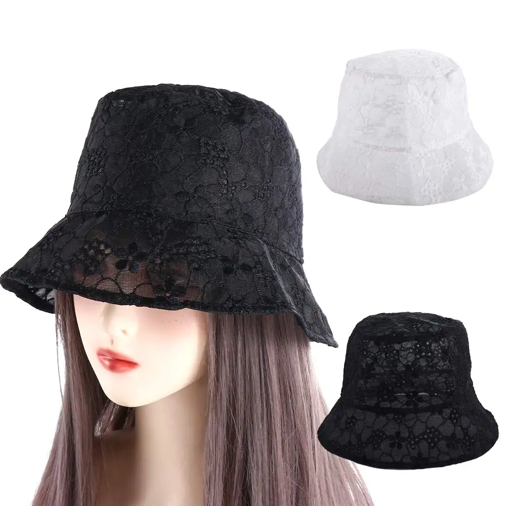 Women Bucket Hat Summer Lace Bucket Hats Female Vintage Mesh Thin Breathable Flower Hollow Sun Hat Sunscreen