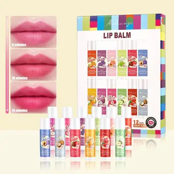 12PCS Moisturizing Fruit Flavor Color Changing Lip Balm Set, Hydrating Nourishing Discolored Lipstick Gift Set Cracking Lip Care