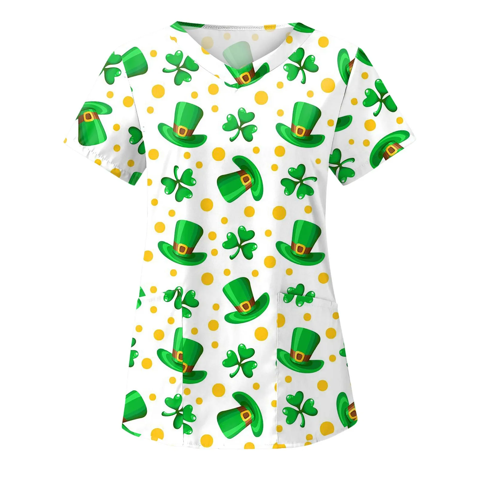 

Clover Print Green Scrub Tops St. Patrick's Day Clinic Carers Nurse Uniform Clinic Staff Blouse uniforme de enfermera para mujer
