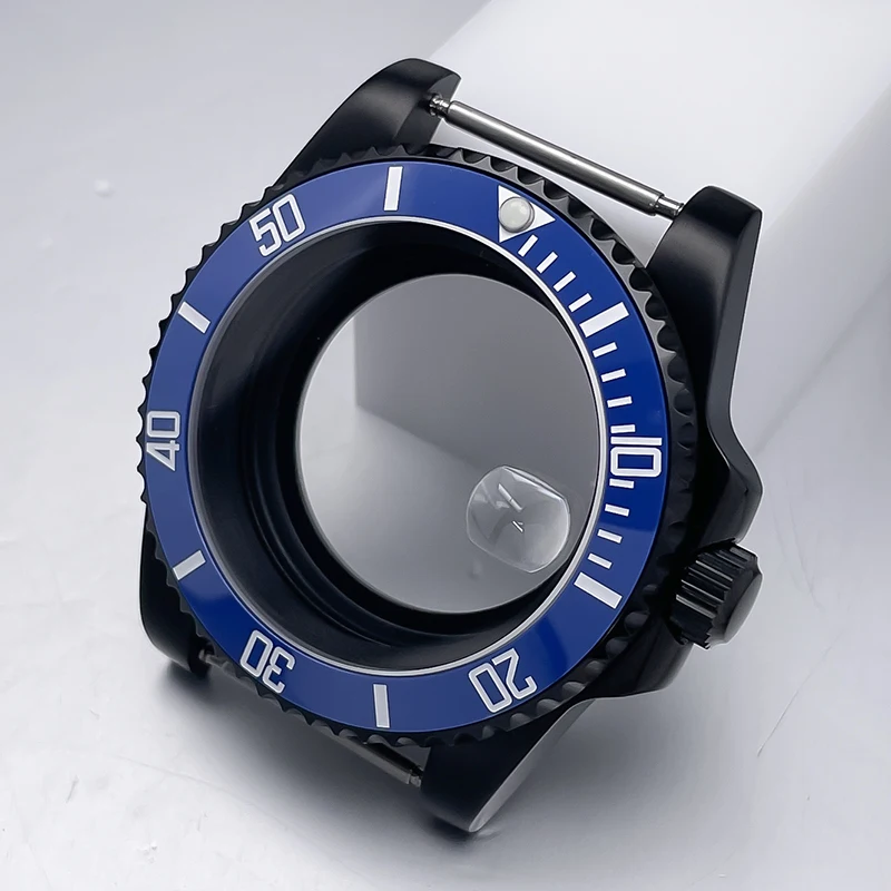 All-Black Sub Style Watch Case with Rubber Strap and Sapphire Crystal