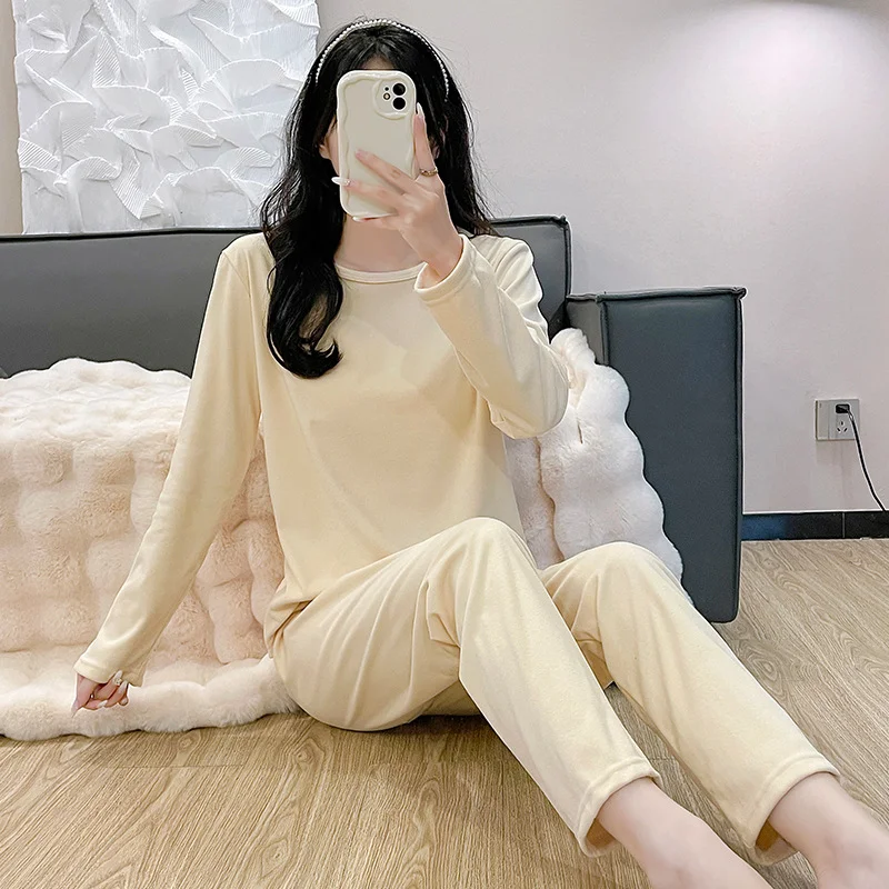 Biancheria intima termica in velluto tedesco tinta unita, pigiama, pantaloni a maniche lunghe a scollo rotondo dolci da donna per autunno e inverno,_voghion.com